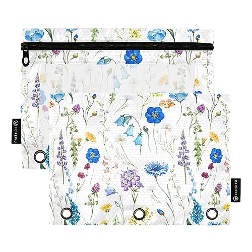 FRODOTGV Federmäppchen mit Aquarell-Blumenmuster, für 3 Ringe, Ordner, transparente Bindertaschen, Reißverschluss, drei Löcher, 2 Stück von FRODOTGV