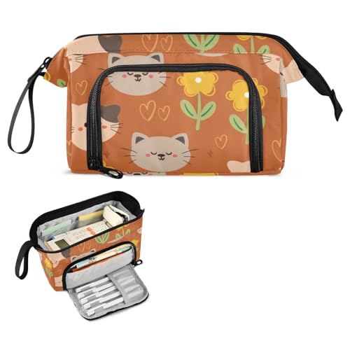 FRODOTGV Federmäppchen mit Cartoon-Katzen- und Blumenmotiv, großes Fassungsvermögen, leichtes Federmäppchen, Kosmetik, Make-up für Kinder, Mittelschule von FRODOTGV