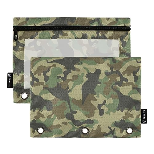 FRODOTGV Federmäppchen mit Dinosaurier-Muster, Khaki, Armee-Camouflage, 3 Bindertaschen, 2 Stück, transparentes Stifteetui, Reißverschluss, 3 Löcher, Ordner für 3 Ordner von FRODOTGV