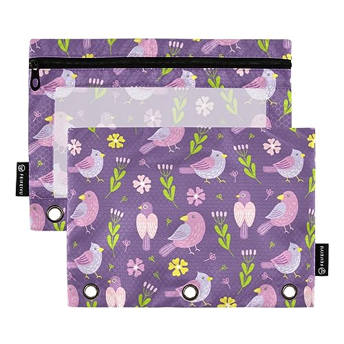 FRODOTGV Federmäppchen mit Federvögeln und Blumen, Blättern, violett, für 3 Ringe, Ordnertaschen, Reißverschluss, 3 Löcher, 2 Stück von FRODOTGV