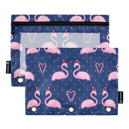 FRODOTGV Federmäppchen mit Flamingos in Weihnachtsmützen, gepunktet, für 3 Ringe, Ordner, Reißverschluss, transparent, 3 Löcher, Federmäppchen, 2 Stück von FRODOTGV