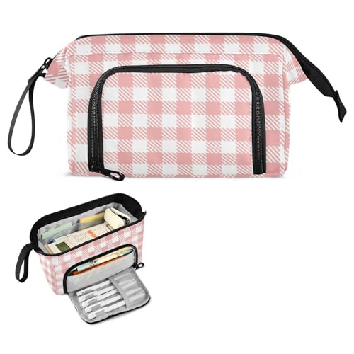 FRODOTGV Federmäppchen mit Gingham-Muster, große Kapazität, großes Federmäppchen, leichtes Federmäppchen für Kinder, Damen, Schul-Must-Haves, Rosa von FRODOTGV