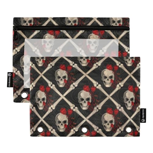 FRODOTGV Federmäppchen mit Halloween-Totenkopf-Rosen, kariert, für 3 Ringe, Bindertaschen, Reißverschluss, drei Löcher, 2 Stück von FRODOTGV