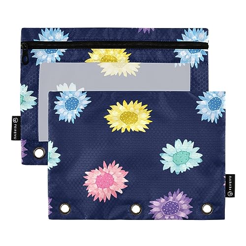 FRODOTGV Federmäppchen mit Sonnenblumen auf marineblauem Design für 3 Ringe, Bindertaschen, Reißverschluss, drei Löcher, 2 Stück von FRODOTGV