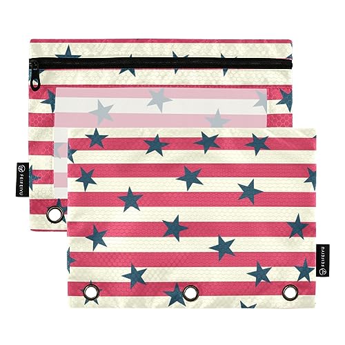 FRODOTGV Federmäppchen mit USA-Flagge, amerikanische Streifen, 3-Ring-Bindertaschen, 2 Stück, mit Reißverschluss, transparent, 3-Loch-Binder für 3-Ringbuch von FRODOTGV