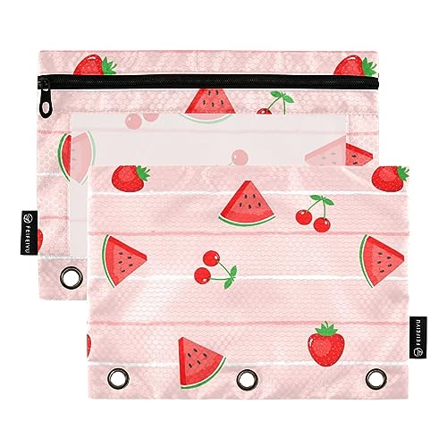 FRODOTGV Federmäppchen mit Wassermelonen-Erdbeer-Motiv, gestreift, für 3 Ringe, Ordner, transparente Bindertaschen, Reißverschluss, 3 Löcher, 2 Stück von FRODOTGV