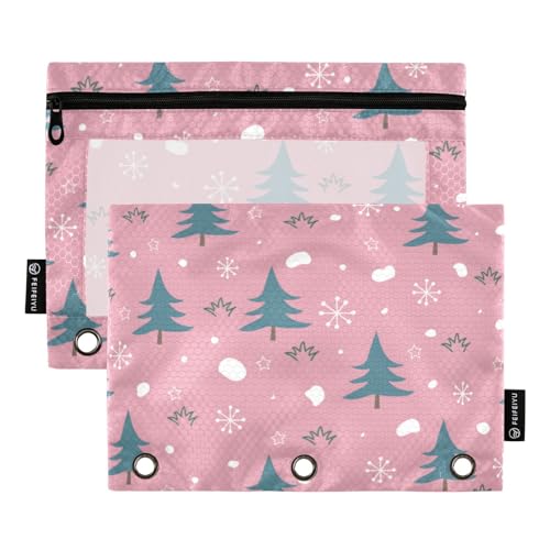 FRODOTGV Federmäppchen mit Weihnachtsbaum-Motiv, Rosa, für 3 Ringe, Ordner, Reißverschluss, Bindertaschen, transparent, 3 Löcher, Federmäppchen, 2 Stück von FRODOTGV