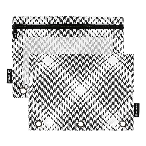 FRODOTGV Federmäppchen mit abstraktem Hahnentrittmuster, für 3 Ringe, Ordner, Reißverschluss, transparent, 3 Löcher, 2 Stück von FRODOTGV