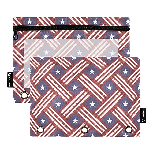 FRODOTGV Federmäppchen mit amerikanischer Flagge, 4. Juli, Sterne, Raster, 3-Ringbinder, 2 Stück, mit Reißverschluss, transparent, 3-Loch-Binder für 3-Ringbuch von FRODOTGV