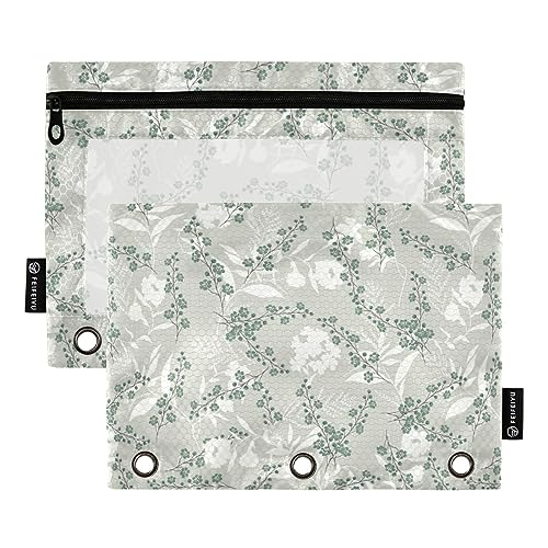 FRODOTGV Federmäppchen mit grünem Blumenmotiv, 3-Ring-Bindertaschen, transparent, Reißverschluss, 3-Loch-Binder für 3-Ringbuch von FRODOTGV