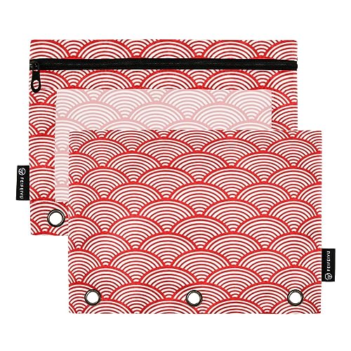 FRODOTGV Federmäppchen mit japanischen roten Wellen, 3-Ring-Federmäppchen, 2 Stück, mit Reißverschluss, transparent, 3 Löcher, Bleistiftbeutel für 3-Ringbuch von FRODOTGV
