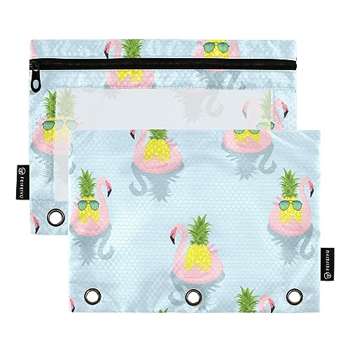 FRODOTGV Federmäppchen mit lustigem Flamingo-Ananas-Design für 3 Ringe, transparent, mit Reißverschluss, drei Löcher, 2 Stück von FRODOTGV