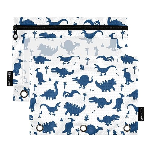 FRODOTGV Federmäppchen mit niedlichem Dinosaurier-Motiv, Blau, 3 Bindertaschen, 2 Stück, transparente Bleistifttasche mit Reißverschluss, drei Löcher, Bleistiftbeutel für 3 Ordner von FRODOTGV