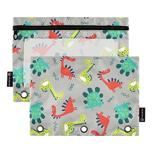 FRODOTGV Federmäppchen mit niedlichem Dinosaurier-Motiv, bunt, 3 Bindertaschen, 2 Stück, transparentes Stifteetui, Reißverschluss, drei Löcher, Bleistiftbeutel für 3 Ordner von FRODOTGV