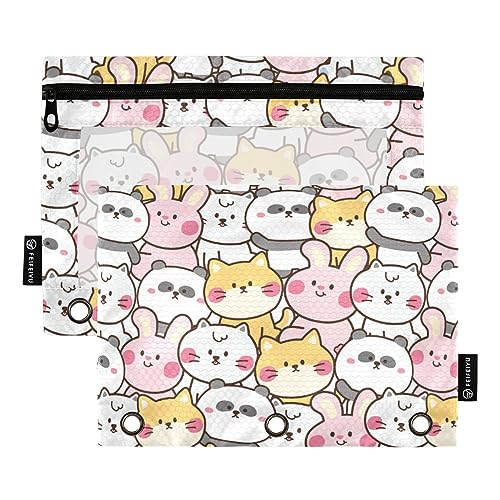 FRODOTGV Federmäppchen mit niedlichem Kawaii-Panda-Motiv, Hund, Kaninchen, Katze, Tiere, 3-Ring-Bleistiftbeutel, 2 Stück, transparentes Federmäppchen, Reißverschluss, 3-Loch-Binder für 3-Ringbuch von FRODOTGV