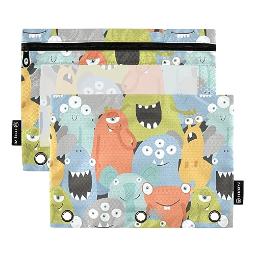 FRODOTGV Federmäppchen mit niedlichem Monster-Design für 3 Ringe, transparent, mit Reißverschluss, drei Löcher, 2 Stück von FRODOTGV