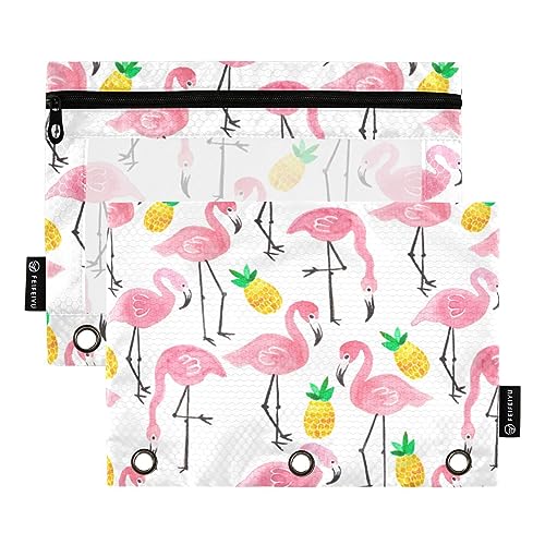 FRODOTGV Federmäppchen mit pinkem Flamingo-Motiv und gelber Ananas-Motiv, für 3 Ringe, Ordnertaschen, Reißverschluss, 3 Löcher, 2 Stück von FRODOTGV