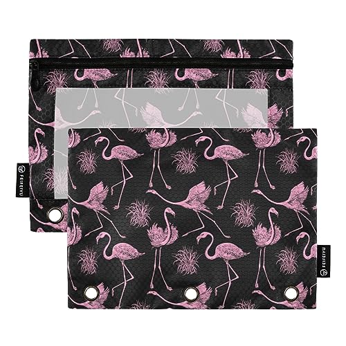 FRODOTGV Federmäppchen mit pinken Flamingos, schwarz, für 3 Ringe, Bindertaschen, Reißverschluss, drei Löcher, 2 Stück von FRODOTGV