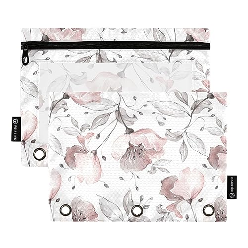 FRODOTGV Federmäppchen mit rosa Blumen, zeitgenössisch, für 3 Ringe, Bindertaschen, Reißverschluss, drei Löcher, 2 Stück von FRODOTGV