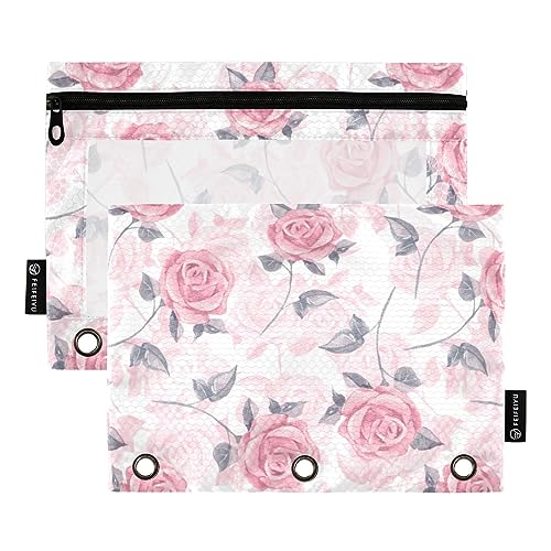 FRODOTGV Federmäppchen mit rosa Rosen, Blumenmuster, für 3 Ringe, Bindertaschen, Reißverschluss, 3 Löcher, 2 Stück von FRODOTGV