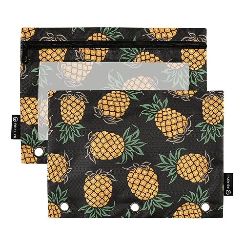 FRODOTGV Federmäppchen mit tropischem Ananas-Design, 3 Ringe, 2 Stück, transparent, mit Reißverschluss, 3 Löcher, für 3-Ringbuch von FRODOTGV