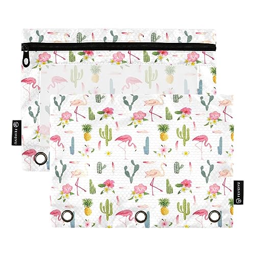 FRODOTGV Federmäppchen mit tropischem Flamingo, Kaktus, Ananas, für 3 Ringe, Ordner, transparente Bindertaschen, Reißverschluss, 3 Löcher, 2 Stück von FRODOTGV