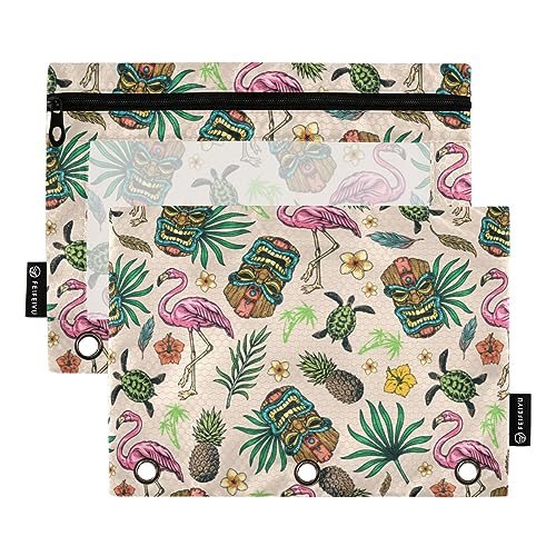 FRODOTGV Federmäppchen mit tropischem Flamingo, Schildkröte, Ananas, Tiki-Maske, Blume, Blatt, 3-Ring-Bindertaschen, 2 Stück, transparentes Federmäppchen, Reißverschluss, 3-Loch-Binder für 3-Ringbuch von FRODOTGV