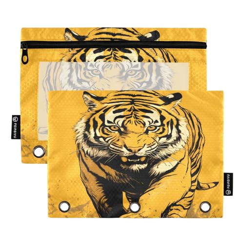 FRODOTGV Fierce Tigers Federmäppchen für 3 Ringe, Binder, Reißverschluss, transparent, 3 Löcher, Federmäppchen, 2 Stück von FRODOTGV