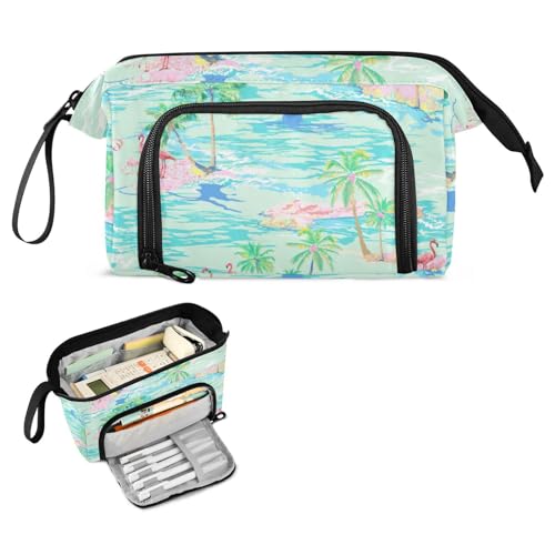 FRODOTGV Flamingo Island Palm Tropical Großes Federmäppchen Große Kapazität Big Pencil Case mit Fach Federmäppchen Kosmetik für Teenager Jungen Kosmetik von FRODOTGV