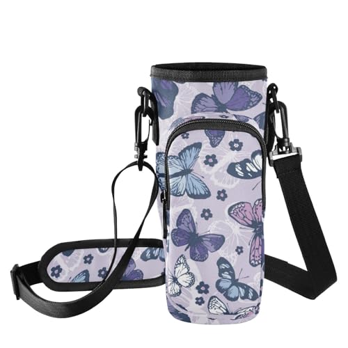 FRODOTGV Flying Butterfly Wasserflaschen-Tragetasche, 1,2 l, Becher mit Handyhalterung, Taschen mit Flaschenhalter und Schultergurt, Violett von FRODOTGV