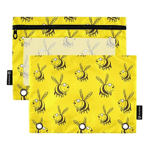 FRODOTGV Funny Bees Happy Yellow Binder Pencil Pouches 3-Ring Binder Pockets 2 Pack Clear Pencil Case Zipper Three Hole Pencil Pouch for 3-Ring Binder von FRODOTGV