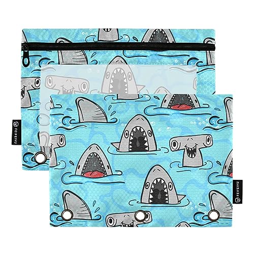 FRODOTGV Funny Shark Binder-Bleistiftbeutel, 3 Stück, transparent, mit Reißverschluss, 3 Löcher, für 3 Ordner von FRODOTGV