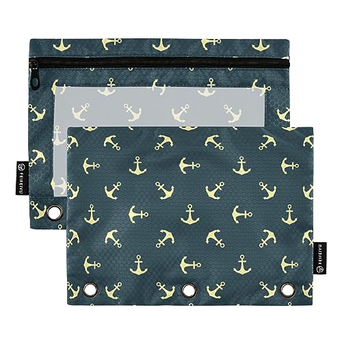 FRODOTGV Gold Anchor Federmäppchen, Marineblau, 3 Bindertaschen, 2 Stück, transparente Bleistifttasche, Reißverschluss, 3 Löcher, Ordner für 3 Ordner von FRODOTGV