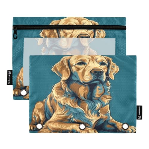 FRODOTGV Golden Retriever Federmäppchen für 3 Ringe, Ordner, Reißverschluss, transparent, 3 Löcher, 2 Stück von FRODOTGV