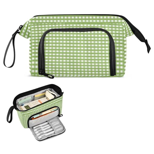 FRODOTGV Grünes Gingham-Federmäppchen mit großem Fassungsvermögen, großes Federmäppchen mit Fach, Stand-Up-Federmäppchen für Mädchen, High School Supplies von FRODOTGV