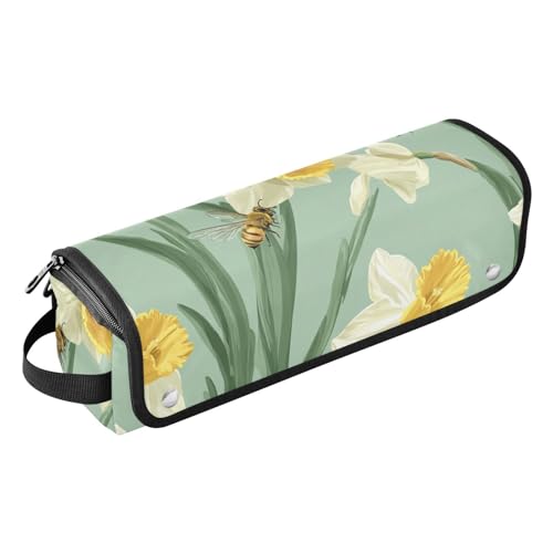 FRODOTGV Haarwerkzeug-Reisetasche für Damen, wasserdichter Lockenstab Reiseetui mit hitzebeständigem Pad für Lockenstab Glätteisen, flacher Haartrockner, einzigartige Narzissen, Grün von FRODOTGV