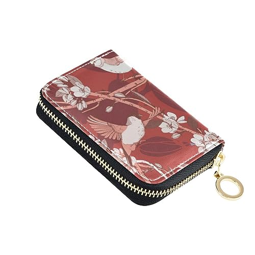 FRODOTGV Kleine Geldbörse mit Vögeln und Blumenmuster, Kartenhalter für Damen, sichere RFID-Geldbörse, Leder, Reißverschlusstasche, Rot, Birds Blooming Floral Red, 1 size, Classic von FRODOTGV