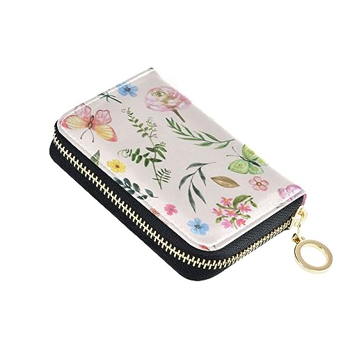 FRODOTGV Kleine Kartenetuis für Mädchen, Wildblumen, Blätter, Schmetterling, sichere RFID-blockierende Brieftaschen, Leder, Reißverschlusstasche, Geldbörse, Frühlingswildblumen, Blätter, von FRODOTGV