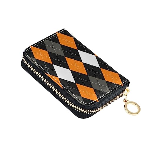 FRODOTGV Kleines Kreditkartenetui für Damen, Halloween, Argyle-Büffelkariert, RFID-Kartenhalter, Leder, Reißverschluss, Kreditkartenfächer für die Arbeit, Orange Halloween Argyle Buffalo Plaid, 1 von FRODOTGV