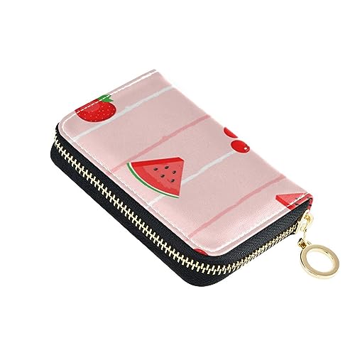 FRODOTGV Kleines Kreditkartenetui für Mädchen, Motiv: Wassermelone, Erdbeere, rosa Streifen, RFID-Kartenhalter, Leder, Reißverschluss, Geldorganizer, Strawberry Pink Stripe, 1 size, Classic von FRODOTGV