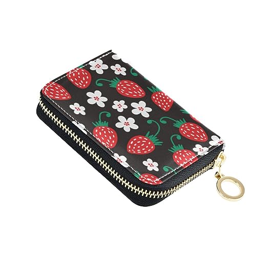 FRODOTGV Kleines Kreditkartenetui für Mädchen, mit Erdbeer-Blumenmuster, RFID-blockierend, Leder, Reißverschluss, Geldorganizer für Reisen, Rote Erdbeere mit Blumenmuster, 1 size, Classic von FRODOTGV