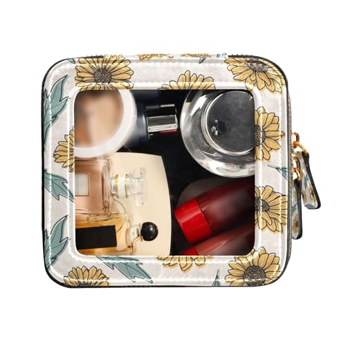 FRODOTGV Kosmetiktasche, Retro-Stil, handgezeichnete Sonnenblume, transparent, Kulturbeutel, Leder, Organizer-Taschen, Handgezeichnete Retro-Sonnenblume, 1 Size von FRODOTGV