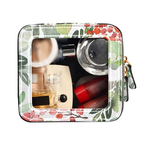 FRODOTGV Kosmetiktasche mit Aquarell-Weihnachtsmuster, Beeren, Fichte, für Toilettenartikel, transparente Make-up-Tasche für Geldbörse, Leder, Kosmetiktasche, Aquarell-Weihnachtsmuster, Beeren, von FRODOTGV