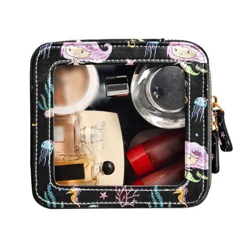 FRODOTGV Kosmetiktasche mit Meerjungfrauen- und Meereslebewesen, schwarz, transparent, wasserdicht, Reise-Kulturbeutel, Kosmetik-Organizer, Meerjungfrau und Meereslebewesen, Schwarz, 1 Size von FRODOTGV
