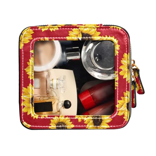 FRODOTGV Kosmetiktasche mit Sonnenblumen auf rotem Hintergrund, wasserdicht, transparent, Kulturbeutel, kleine Kosmetiktasche für Geldbörse, Sonnenblumen auf rotem Hintergrund, 1 Size von FRODOTGV
