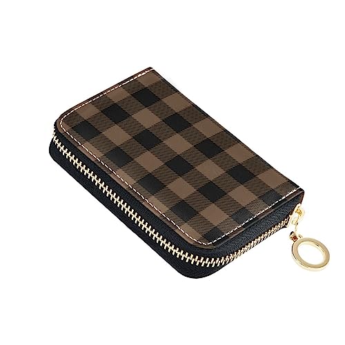 FRODOTGV Kreditkartenetui für Damen, mit kariertem Schottenkaro, RFID-Kartenhalter, Leder, Reißverschlussfach für die Arbeit, Kaffeebraun, Kaffeebraunes Karomuster, 1 size, Classic von FRODOTGV