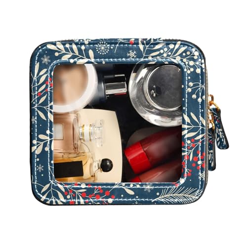 FRODOTGV Kulturbeutel aus Leder, Motiv: Frohe Weihnachten, Winterblätter, Schneeflocken, transparent, Make-up-Tasche, Nagellack-Organizer-Tasche, Frohe Weihnachten, Winterblätter, Schneeflocken, 1 von FRODOTGV