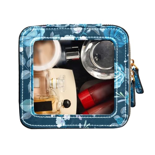 FRODOTGV Kulturbeutel aus Leder, transparent, Make-up-Tasche, blaue Blume, Leder-Organizer-Taschen, blaue blume, 1 Size von FRODOTGV