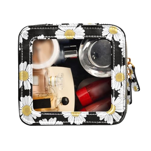 FRODOTGV Kulturbeutel aus Leder, transparent, Make-up-Tasche für Geldbörse, Kamille, Gänseblümchen, Blumen, Schwarz und Weiß, Kosmetiktasche aus Leder, Kamillengänseblümchen, Schwarz und Weiß, 1 Size von FRODOTGV