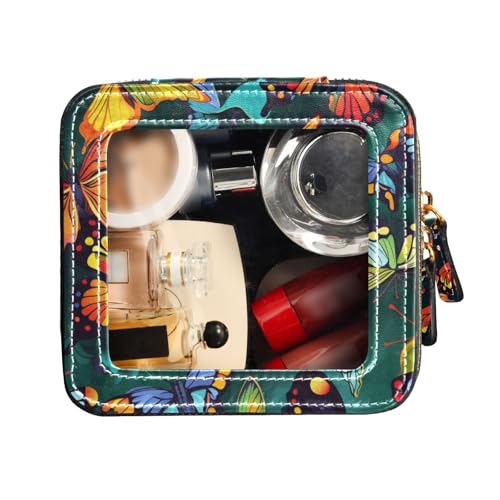 FRODOTGV Kulturbeutel aus Leder, transparent, buntes Schmetterlingsmuster, tragbarer Make-up-Organizer, Buntes Schmetterlingsmuster, 1 Size von FRODOTGV